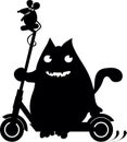 A little cheerful mouse rides an electric scooter with a big pink cat. They are smiling. They\'re happy. Cartoon. Silhouette.