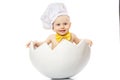 Little Chef. Adorable baby boy dressed in s chef`s hat sitting in egg shell. isolated on white. big size resolution. Food banner Royalty Free Stock Photo