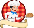 Little chef baker holding bakery peel tool with bread