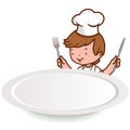 Chef boy looking over an empty plate. Vector Illustration Royalty Free Stock Photo