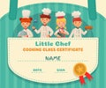 Little chef certificate. Cooking class chefs diploma, cooking food school lesson and kids cooks frame cartoon vector Royalty Free Stock Photo