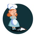 little chef girl in white hat dropped the cake