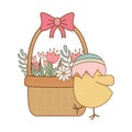Little chick with egg broken in basket floral easter character