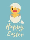 Little chick opens his egg and smile, Happy Easter words Royalty Free Stock Photo