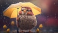 Little Chick with Umbrella Standing in the Rain