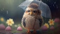 Little Chick with Umbrella Standing in the Rain