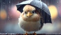 Little Chick with Umbrella Standing in the Rain
