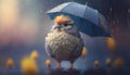 Little Chick with Umbrella Standing in the Rain