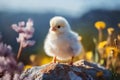 Little chicken on the background of spring nature on Easter, on a bright sunny day at a ranch in a village in the mountains