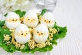 Little chicken in the nest, deviled eggs served with salad and dry ramen on white plate, horizontal, copy space