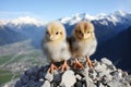 Little chickens on the background of spring nature on Easter, on a bright sunny day at a ranch in a village in the mountains