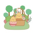 Little chicks in basket garden scene