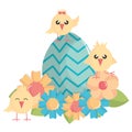 Little chicks with egg painted easter characters