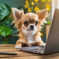 Little chihuahua dog sitting at laptop computer.Generative AI Royalty Free Stock Photo