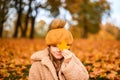 Little Child Baby Girl Caucasian Walking in Park with Leaf Autumn