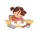 Little child baby girl drawing picture with pencils and watercolor sitting at the table Royalty Free Stock Photo