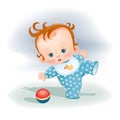 Little child in a blue suit plays with the ball, tries to kick the ball, clumsy, Royalty Free Stock Photo