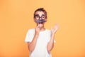 Little child boy with funny moustache. Royalty Free Stock Photo