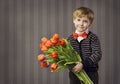 Little Child Boy Giving Flowers Bouquet, Handsome Kid Greeting R