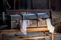 Little child, boy, hiding in old vintage suitcase in the attic