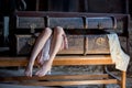 Little child, boy, hiding in old vintage suitcase in the attic