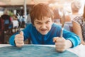 Little child boy hungry waiting for dinner in restaurant Royalty Free Stock Photo