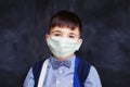 Little child boy in medical protective face mask on black background Royalty Free Stock Photo