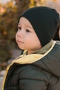 Little child boy playing in autumn park in Asia. Toddler cute Korean kid portrait close-up outdoors Royalty Free Stock Photo