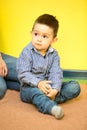 Little child boy playing in kindergarten in Montessori preschool Royalty Free Stock Photo