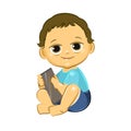 Little child. Boy. Sits playing on a smartphone. Isolated object on a white background. Cheerful kind funny. Cartoons