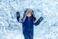 Little child boy walking in winter field. Boy dreams of winter time. Happy winter time. Active winter children concept. Royalty Free Stock Photo