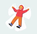 Little Child Enjoy First Snowfall. Happy Girl Lying in Snow on Back and Move Arms and Legs. Smiling Kid Makes Snow Angel Royalty Free Stock Photo