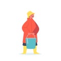 Little Child Fisherman Wear Cloak, Rubber Boots and Hat Holding Bucket for Fish. Baby Fishing Hobby, Kid Character Fun