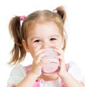 Little child girl drinking yogurt or kefir