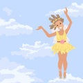 Little child, girl in fairy dress, an angel with wings in sky, stands shows, symbol of the fulfillment of dream, flight