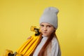 little child girl with yellow skateboard Royalty Free Stock Photo