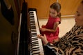 Little child girl having a piano lesson with her teacher. Female pianist explaining the correct position of hands on