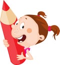 Little child - girl holds red pencil peeking out flat design illustration