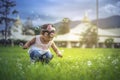 Little child girl playing with bubbles on green grass outdoors in the park Royalty Free Stock Photo