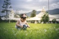 Little child girl playing with bubbles on green grass outdoors in the park Royalty Free Stock Photo