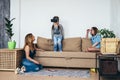 Little child girl playing game in virtual reality glasses Royalty Free Stock Photo