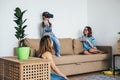 Little child girl playing game in virtual reality glasses Royalty Free Stock Photo