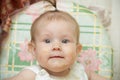 Little child girl sits in a highchair and eats cookies