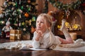 Little child girl writes letter Santa Claus and dreams of a gift background Royalty Free Stock Photo