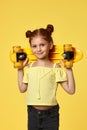 little child girl with yellow skateboard Royalty Free Stock Photo
