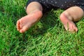 Little child on the grass, baby feet on the green grass in the p Royalty Free Stock Photo