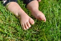 Little child on the grass, baby feet on the green grass in the park Royalty Free Stock Photo