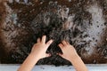 Little child hands mixing soil with compost in plastic tray. Planting of trees. Gardening concept