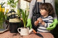 Little child helping grandma to plant a flower