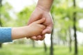 Little child holding hands with his father outdoors. Family time